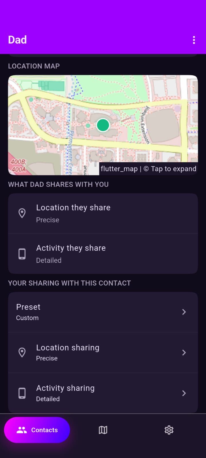Contact detail with per-contact sharing controls and live map