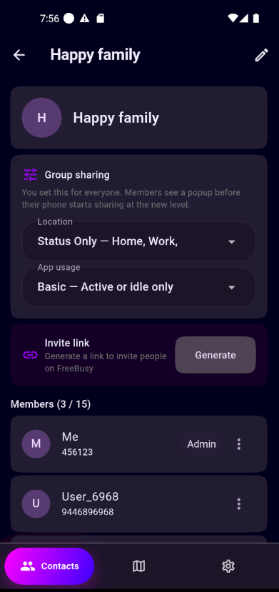 Group sharing settings for a family group