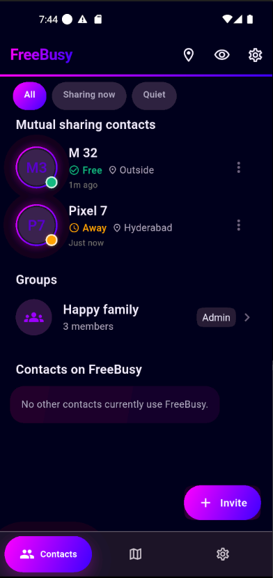 FreeBusy home screen showing mutual sharing contacts and groups